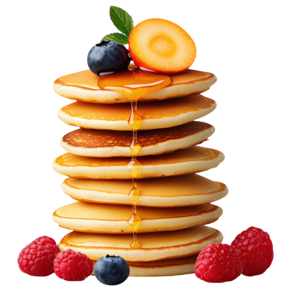 Free Isolated on Transparent Background, Delicious pancakes stacked high, topped with syrup, berries, and slice of fruit, perfect for breakfast png