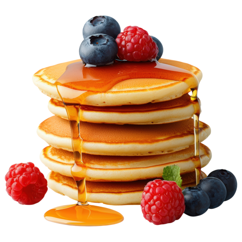 Free Isolated on Transparent Background, Delicious pancakes topped with syrup, blueberries, and raspberries, perfect for breakfast, food png