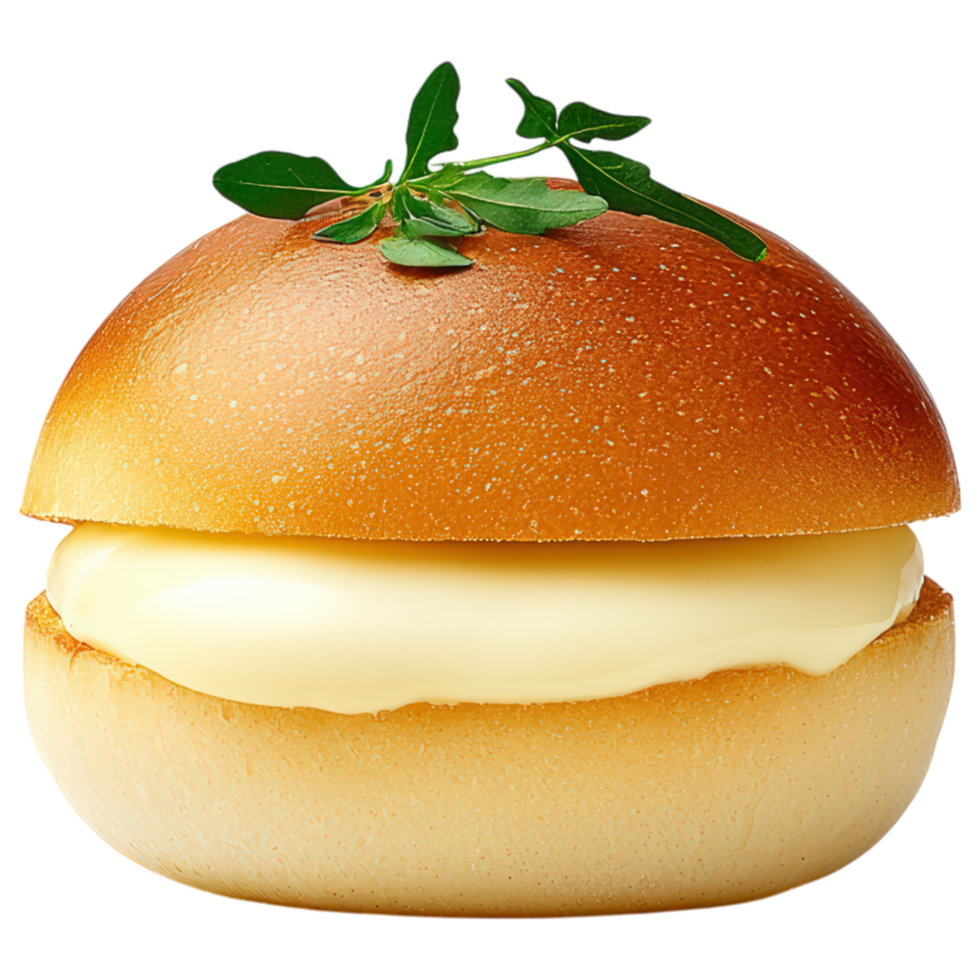 Free Isolated on Transparent Background, Delicious food, and beverage, featuring soft bun with creamy filling, garnished with fresh herbs png