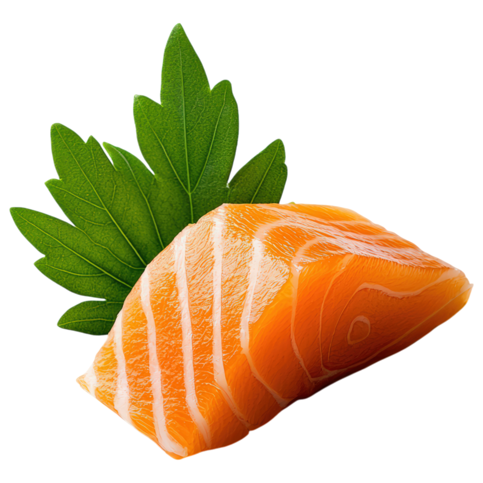 Free Isolated on Transparent Background, Fresh salmon fillet with vibrant green leaves, perfect for food and beverage presentations png