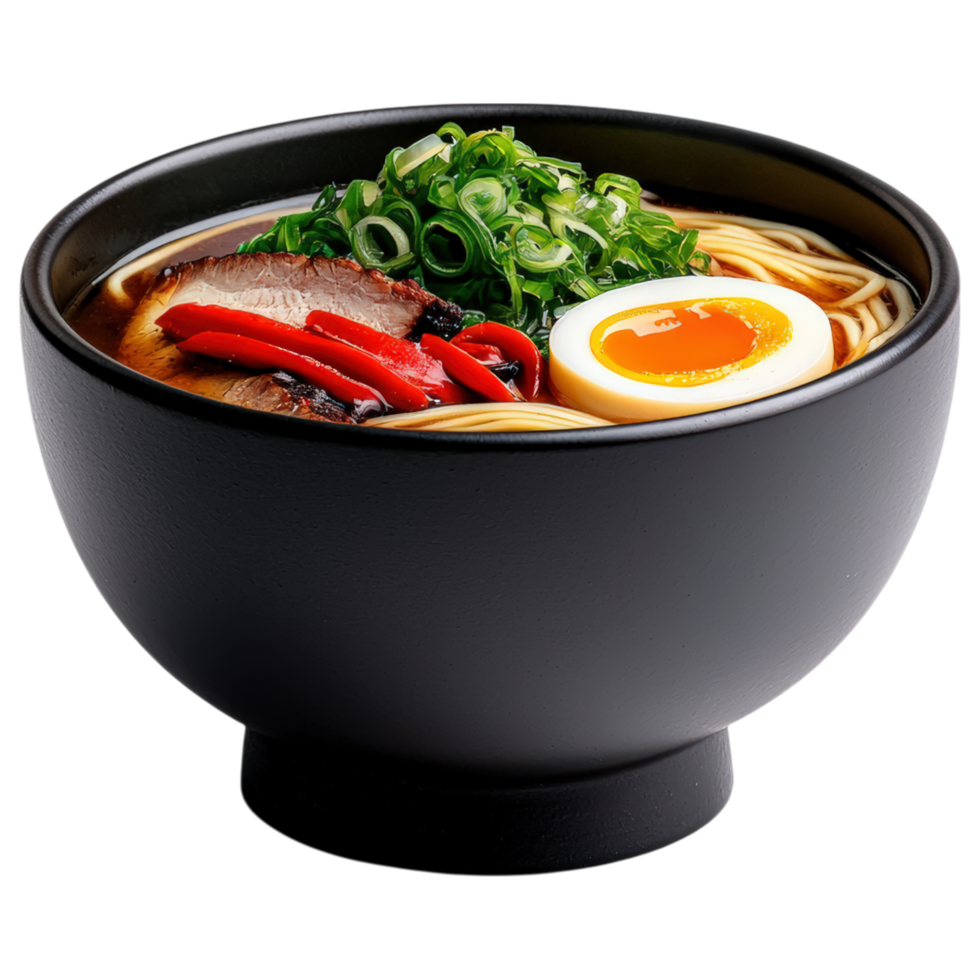 Free Isolated on Transparent Background, Delicious ramen bowl with noodles, egg, and vegetables, perfect for food and beverage lovers png