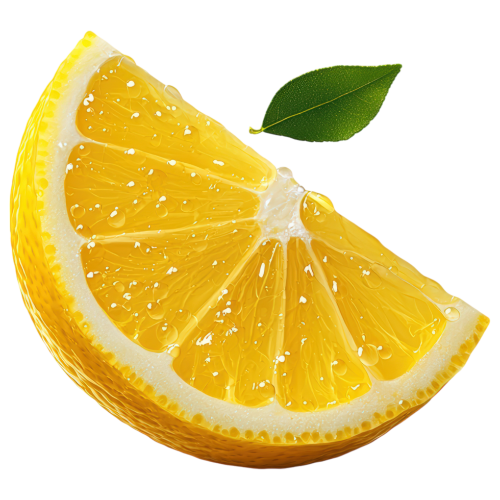 Free Isolated on Transparent Background, Fresh lemon slice, juicy, vibrant, food, and beverage, with green leaf, perfect for drinks or cooking png