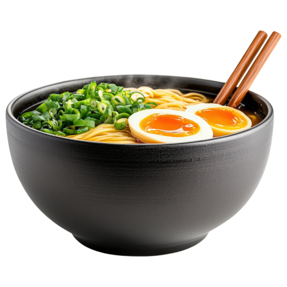 Free Isolated on Transparent Background, Delicious ramen bowl with noodles, eggs, and green onions, perfect for food and beverage lovers png