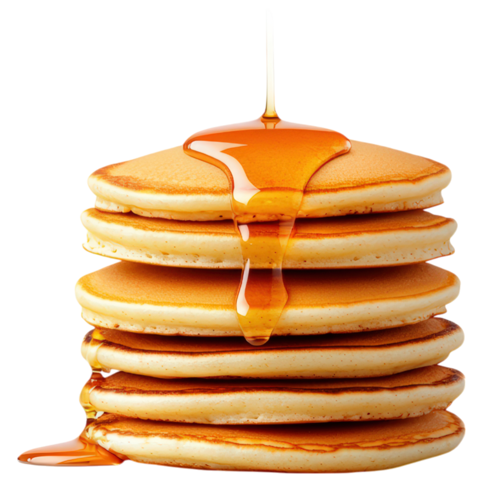 Free Isolated on Transparent Background, Delicious pancakes stacked high, drizzled with syrup, perfect for breakfast, food, and beverage. png