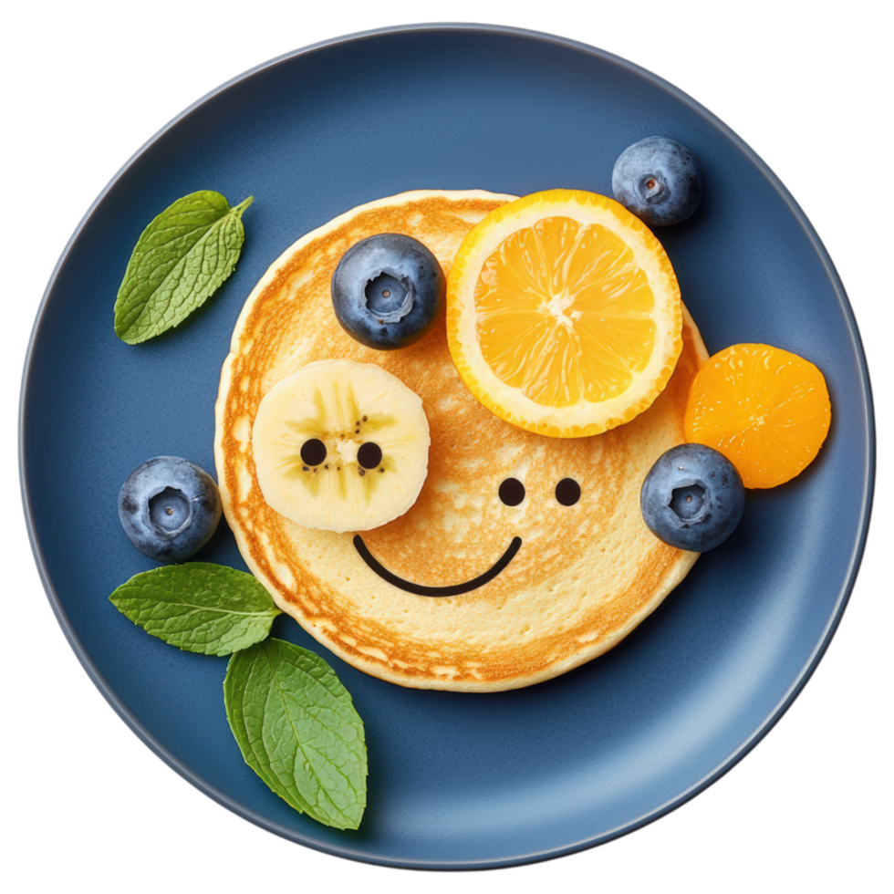 Free Isolated on Transparent Background, Delicious pancakes with fruit, food, and beverage create cheerful breakfast plate png