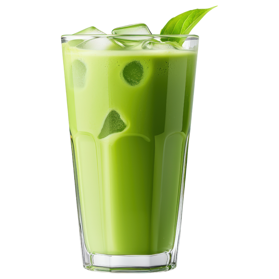 Free Isolated on Transparent Background, Refreshing green beverage with ice and leaf garnish, perfect for healthy drink option. Enjoy this vibrant png