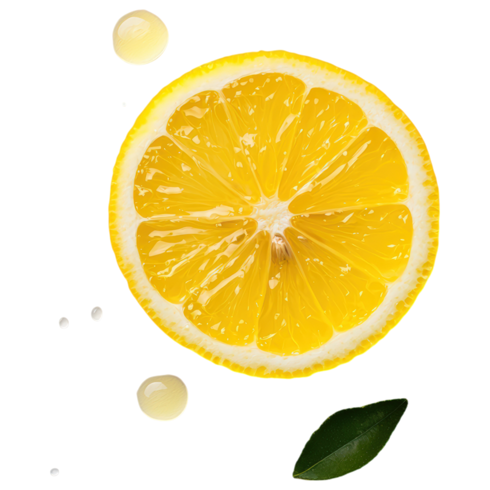 Free Isolated on Transparent Background, Fresh lemon slice, vibrant yellow, juicy, citrus fruit, food, and beverage, with droplets of juice png