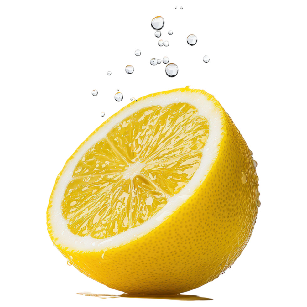 Free Isolated on Transparent Background, Fresh lemon, sliced, with droplets of water, showcasing vibrant color and texture, perfect for food and png