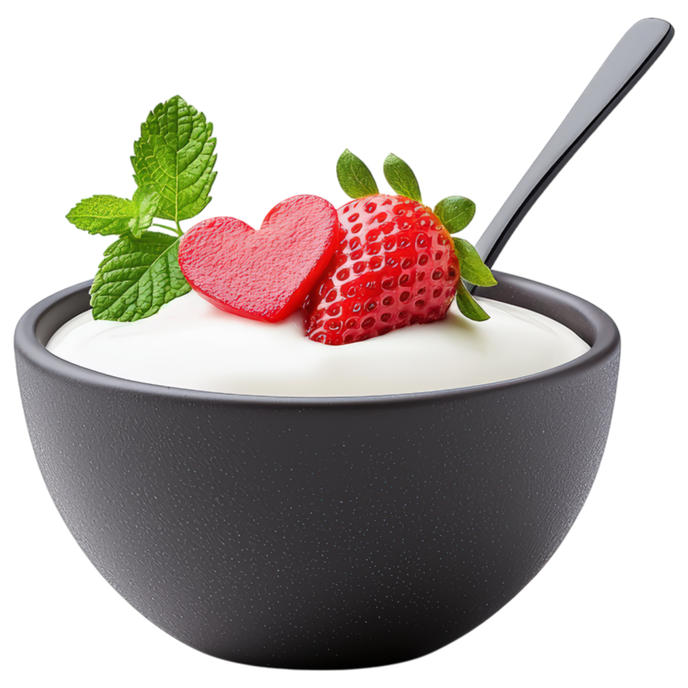 Free Isolated on Transparent Background, Creamy yogurt topped with fresh strawberries, mint leaves, and heart shaped candy, perfect for food and png
