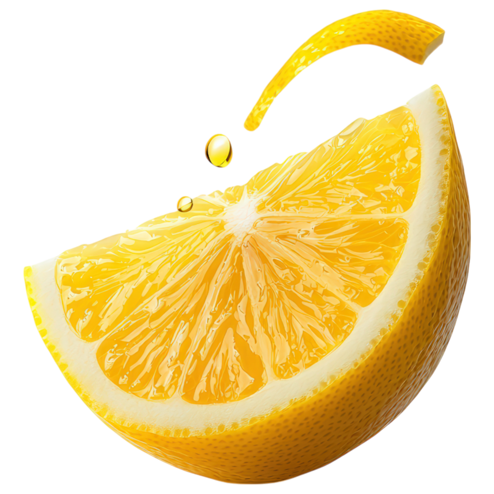 Free Isolated on Transparent Background, Fresh lemon slice, juicy, vibrant, food, and beverage, with droplets of juice, perfect for drinks png