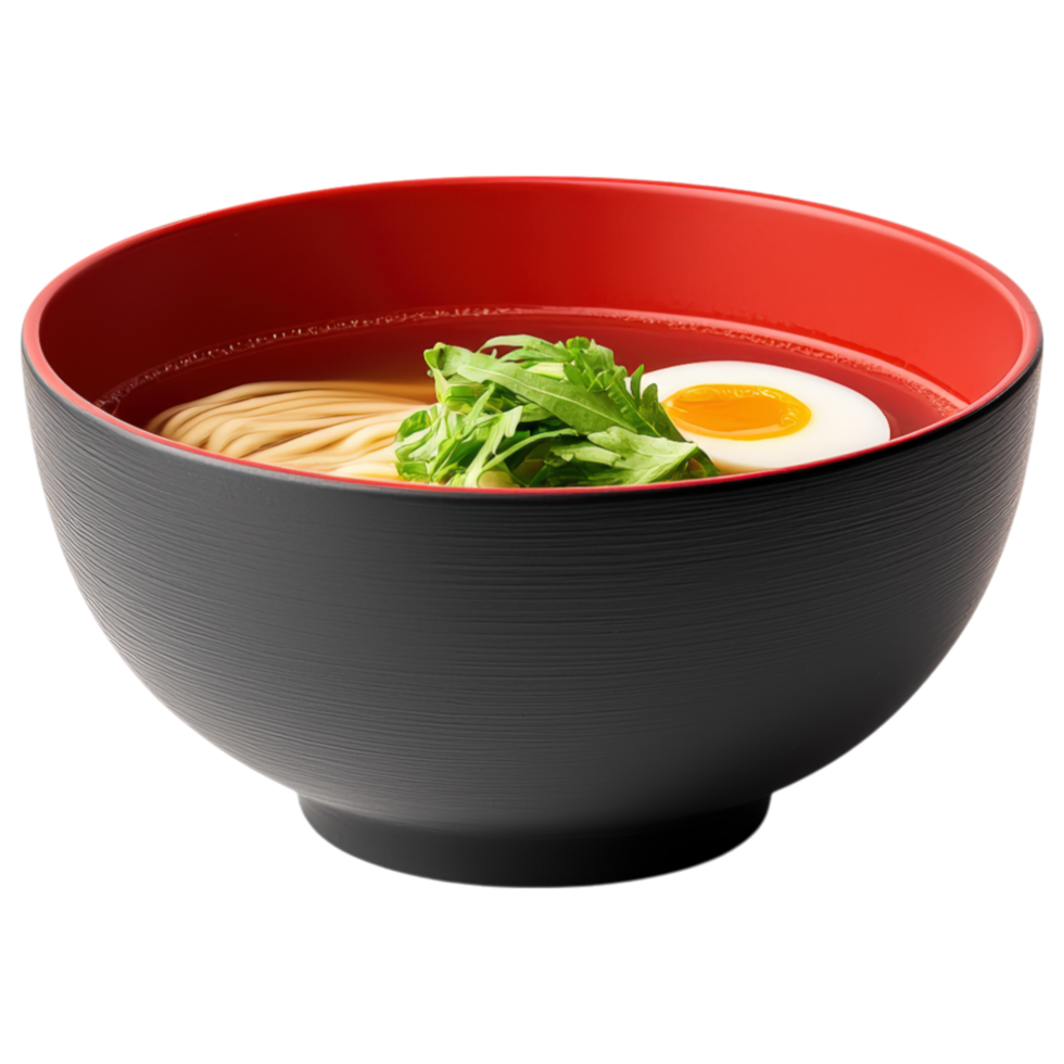 Free Isolated on Transparent Background, Delicious ramen bowl with noodles, egg, and fresh herbs, perfect for food and beverage lovers png