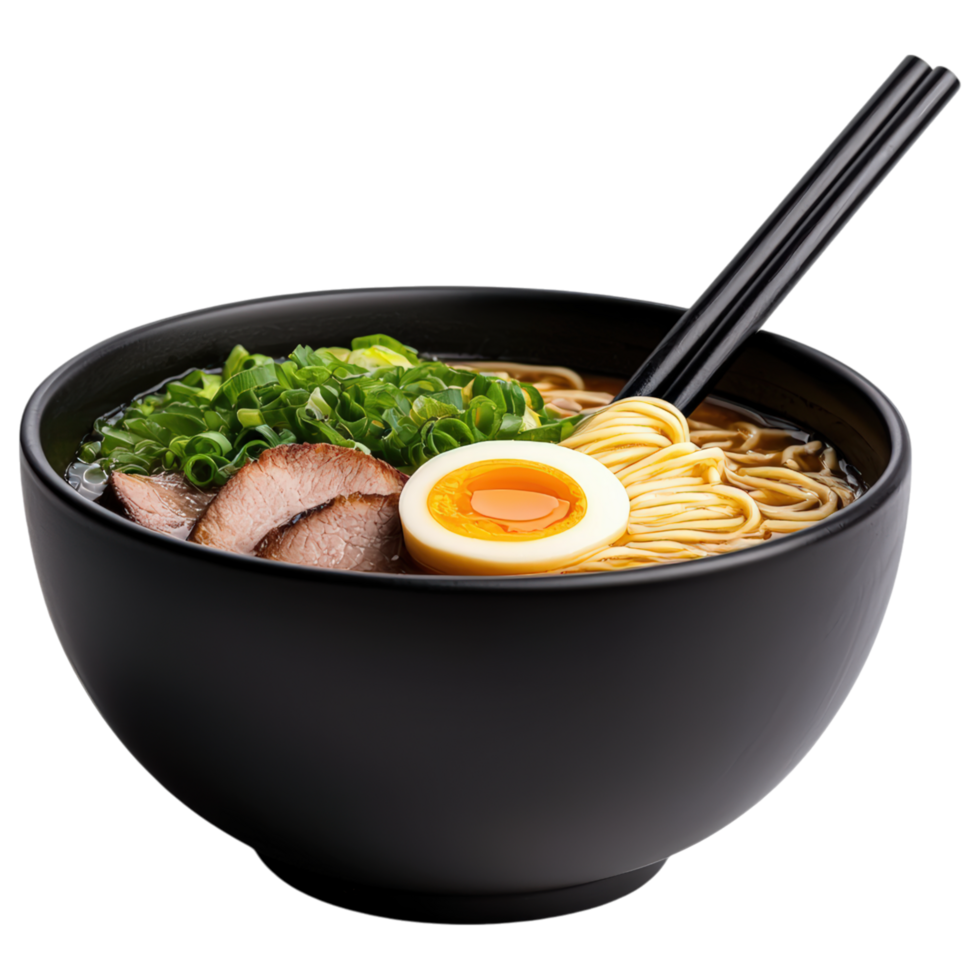 Free Isolated on Transparent Background, Delicious ramen bowl with noodles, broth, and toppings, perfect for food and beverage lovers png