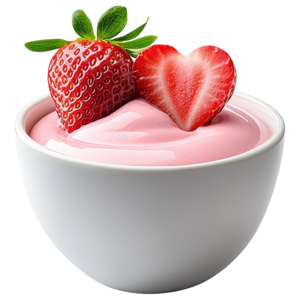Free Isolated on Transparent Background, Creamy yogurt topped with fresh strawberries, heart shaped fruit, and vibrant color, perfect for food and png