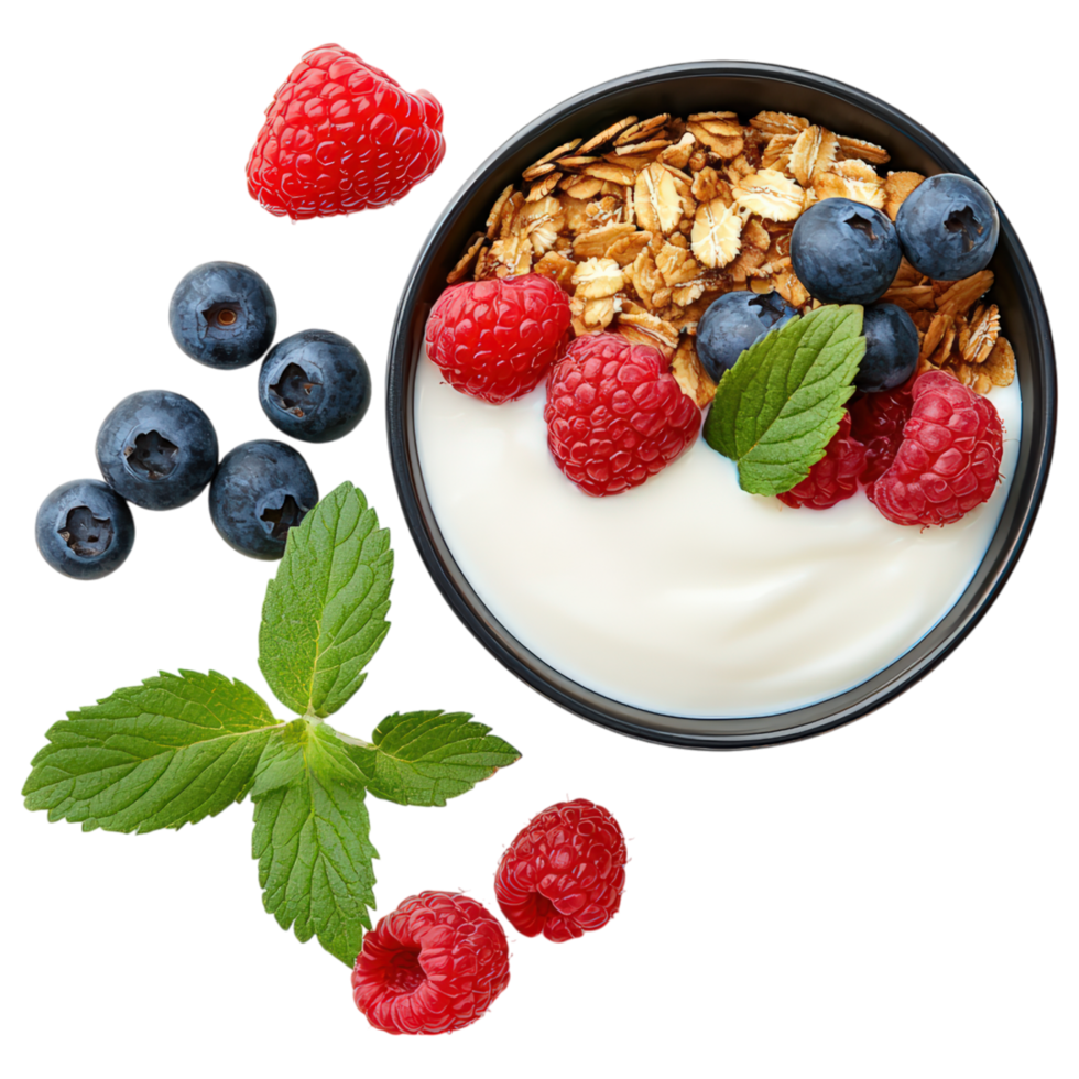 Free Isolated on Transparent Background, delicious bowl of yogurt topped with fresh raspberries, blueberries, and granola, perfect for healthy png