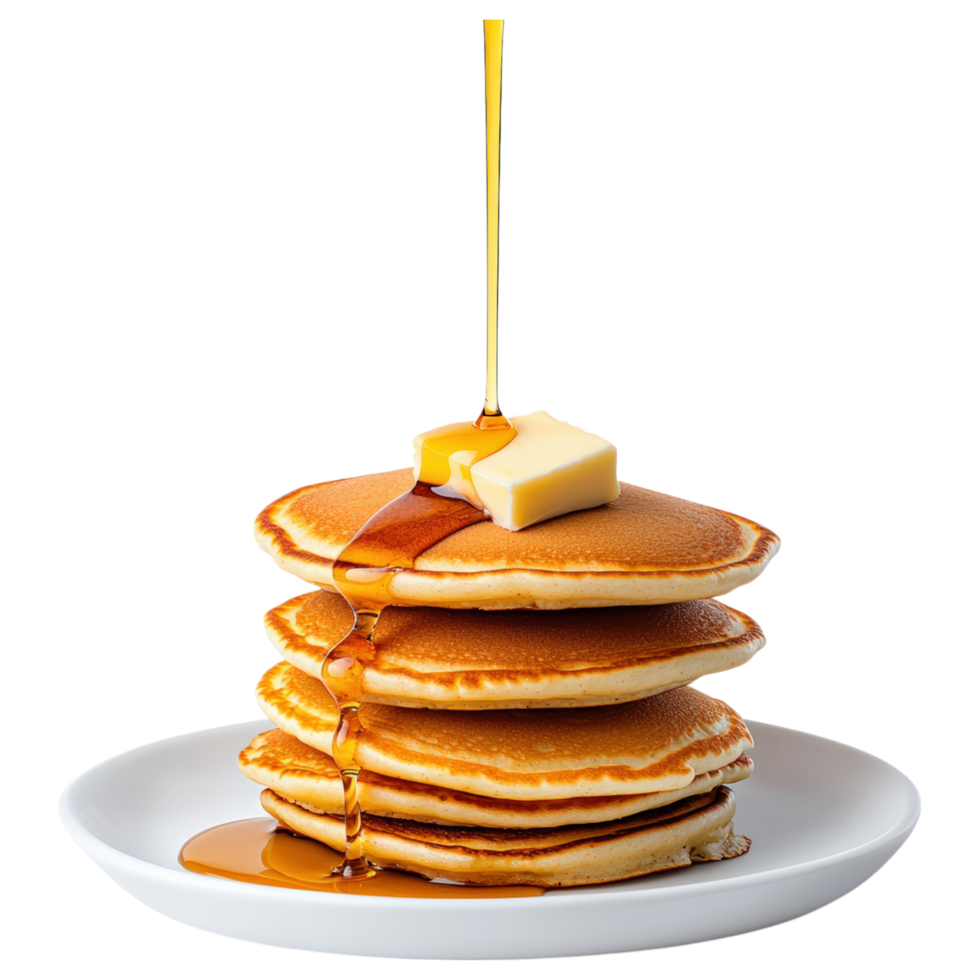 Free Isolated on Transparent Background, Delicious pancakes stacked high, topped with butter and drizzled with syrup, perfect for breakfast. png