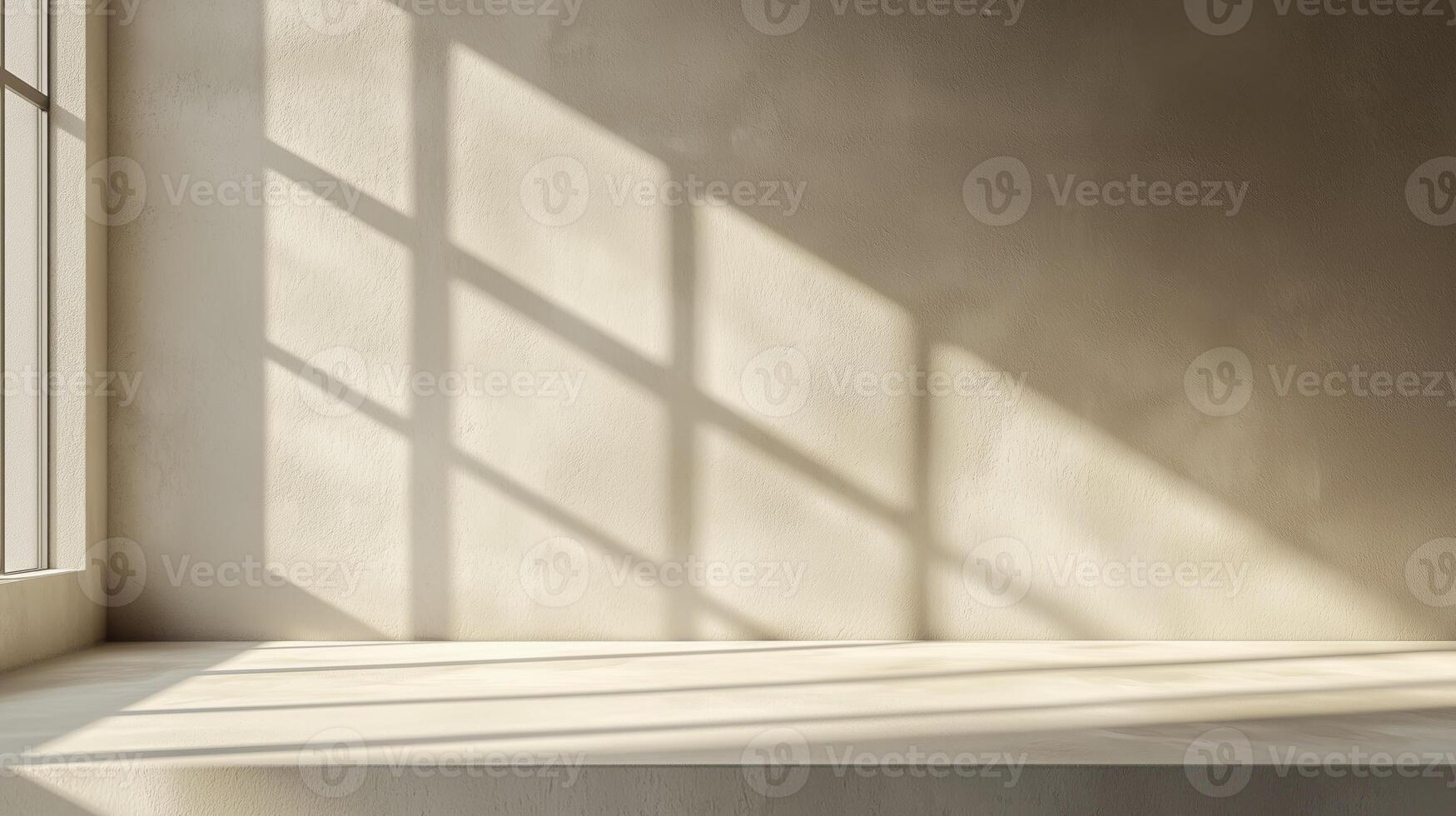Minimalist rustic concrete shelf with sunlight shadows on textured wall photo