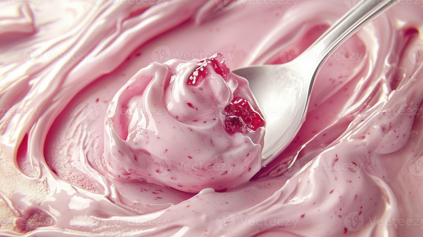 Berry yogurt with jam on spoon in close-up macro view photo
