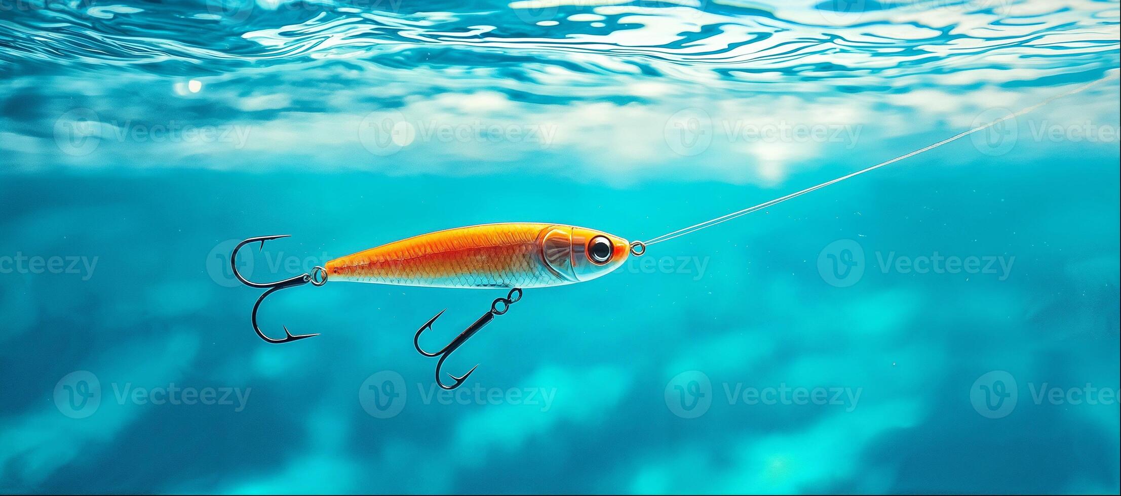 Fishing bait, fishing lure with hook close-up in sea water with copy space photo