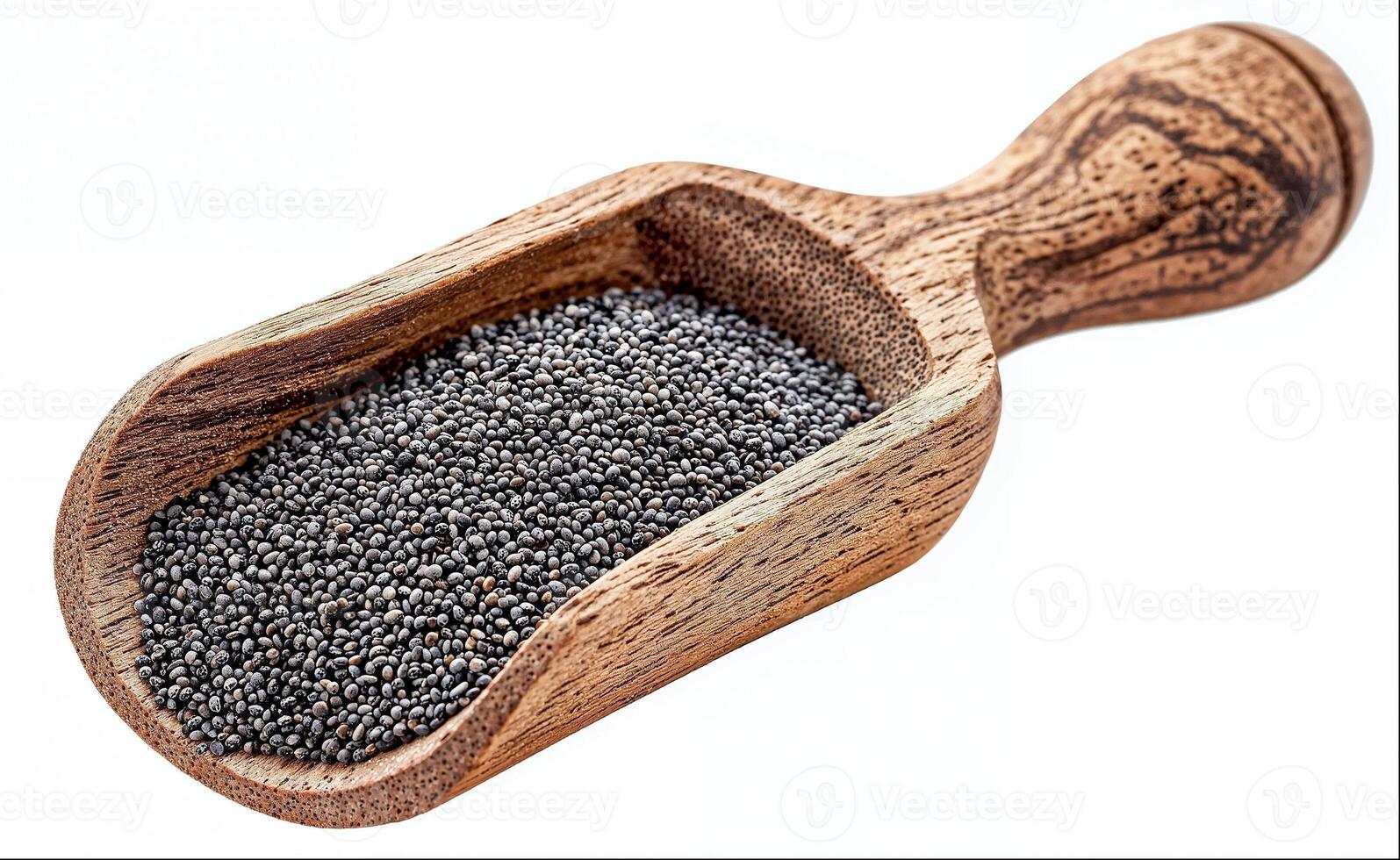 Poppy seeds in wooden scoop isolated on white background photo