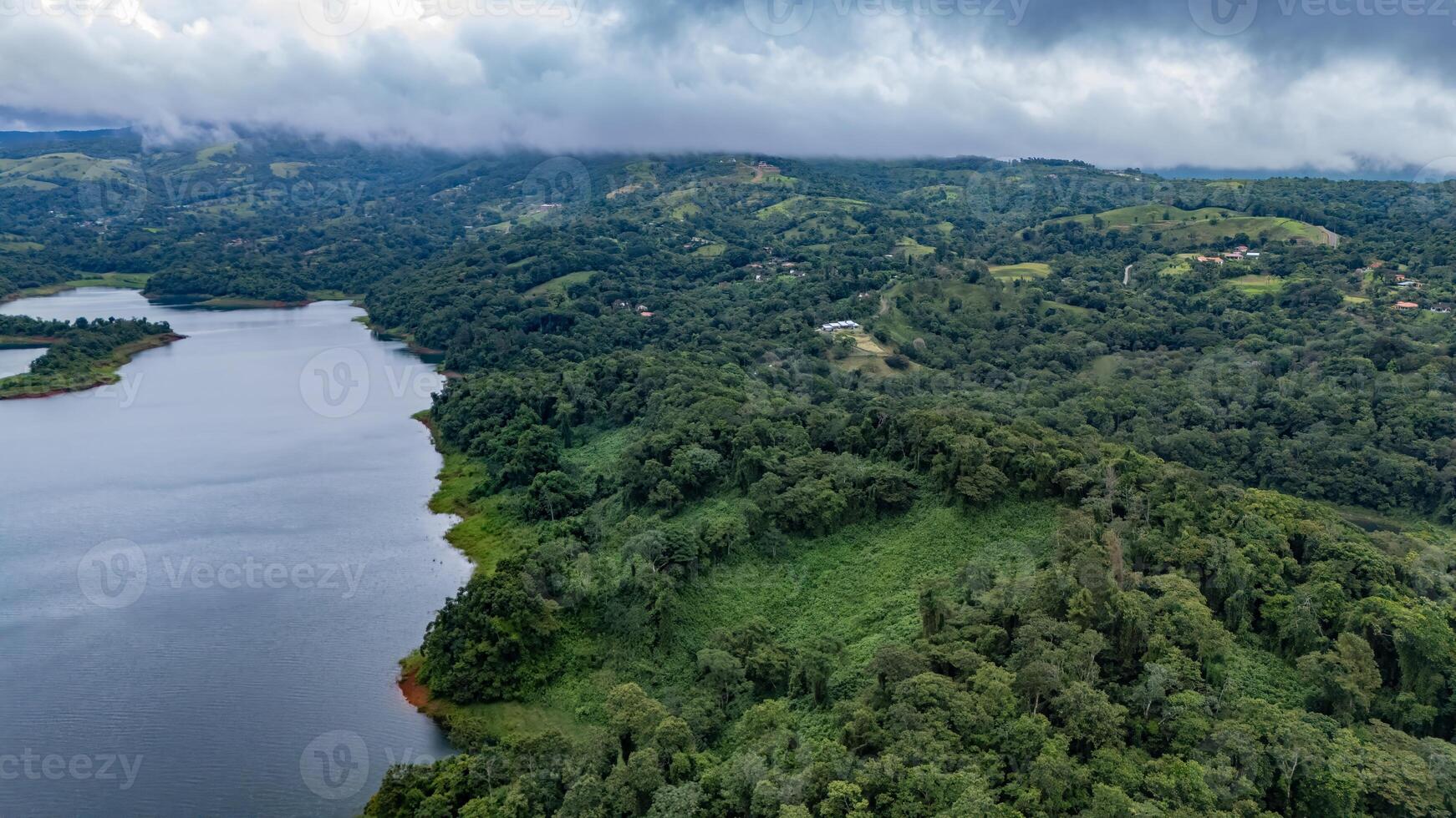 Aerial View of a Lush Green Forest by a Serene Lake with Rolling Hills photo