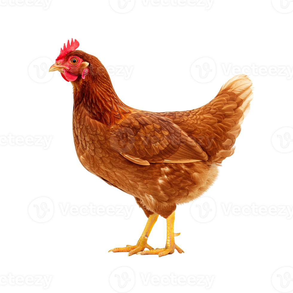Farm chicken on transparent background. Domestic hen ideal for illustrating rural life, fresh produce, and farm-to-table concepts png