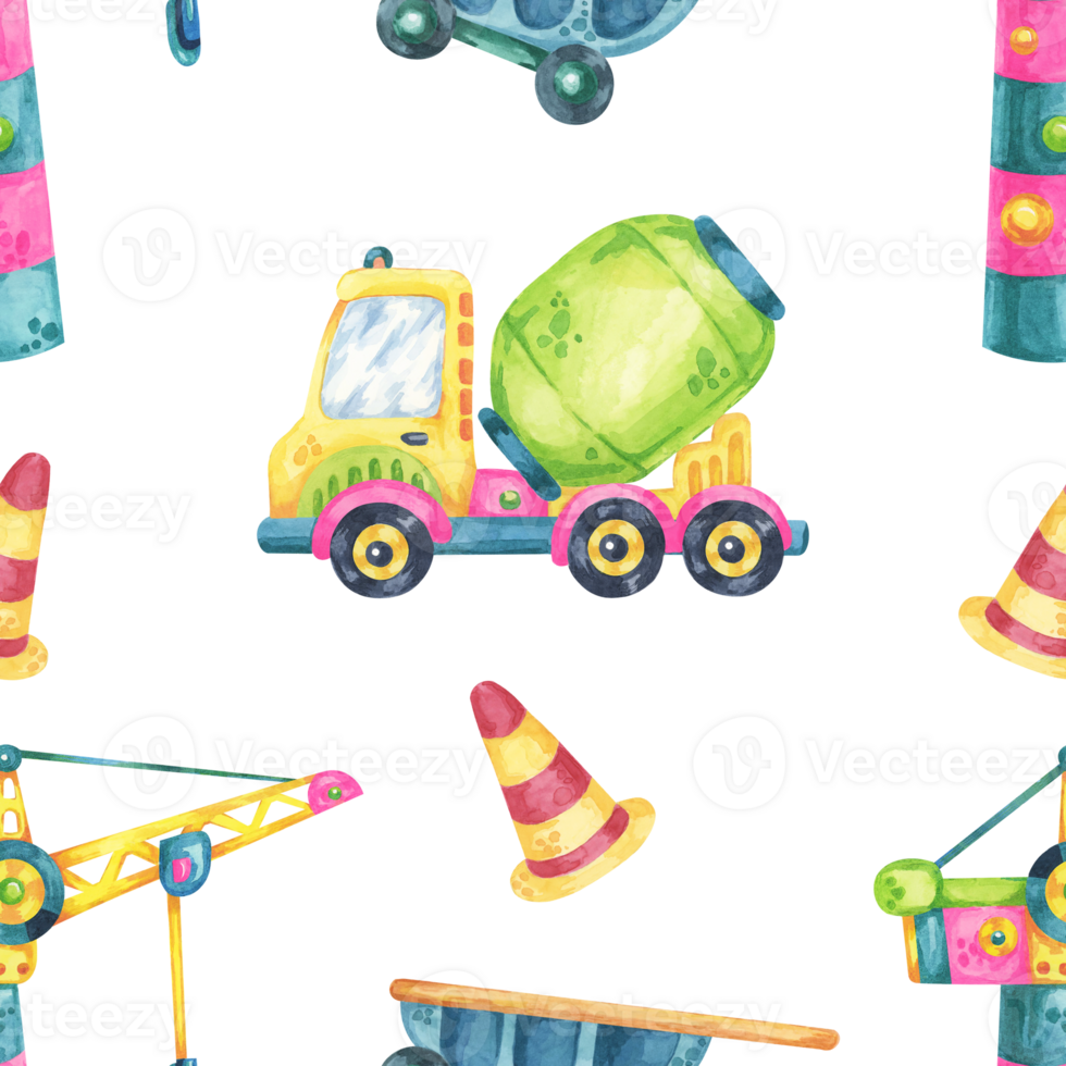Watercolor cement mixers, traffic cones, and road signs with scattered elements. This seamless pattern is perfect for childrens books, fabric prints, and construction-themed packaging png