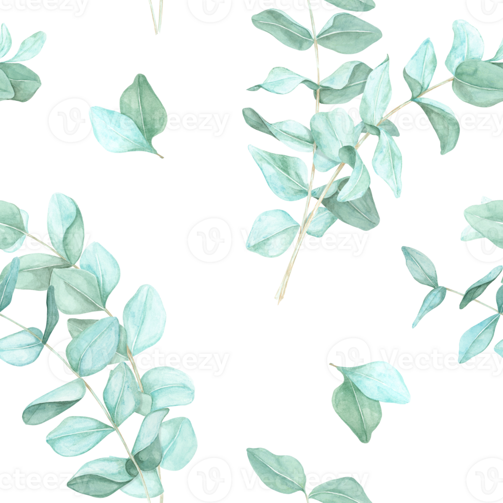 Scattered eucalyptus branches painted in watercolor shades of green. This versatile hand drawn seamless pattern is perfect for gift wrapping, fashion accessories, and stationery products png