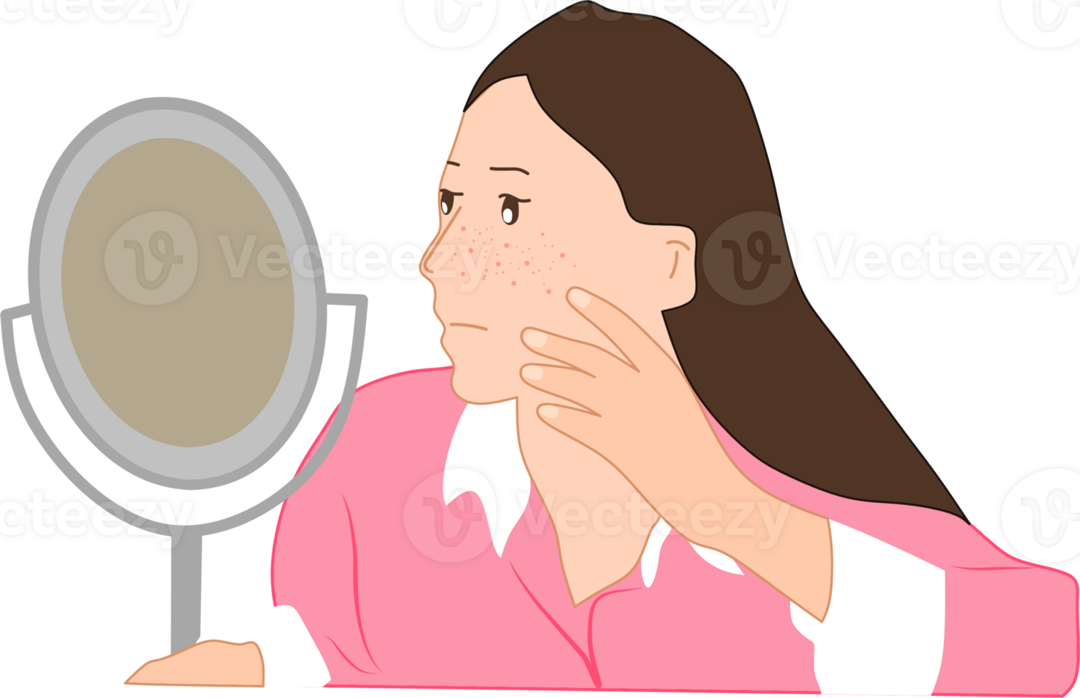 Woman with acne is looking in the mirror illustration png