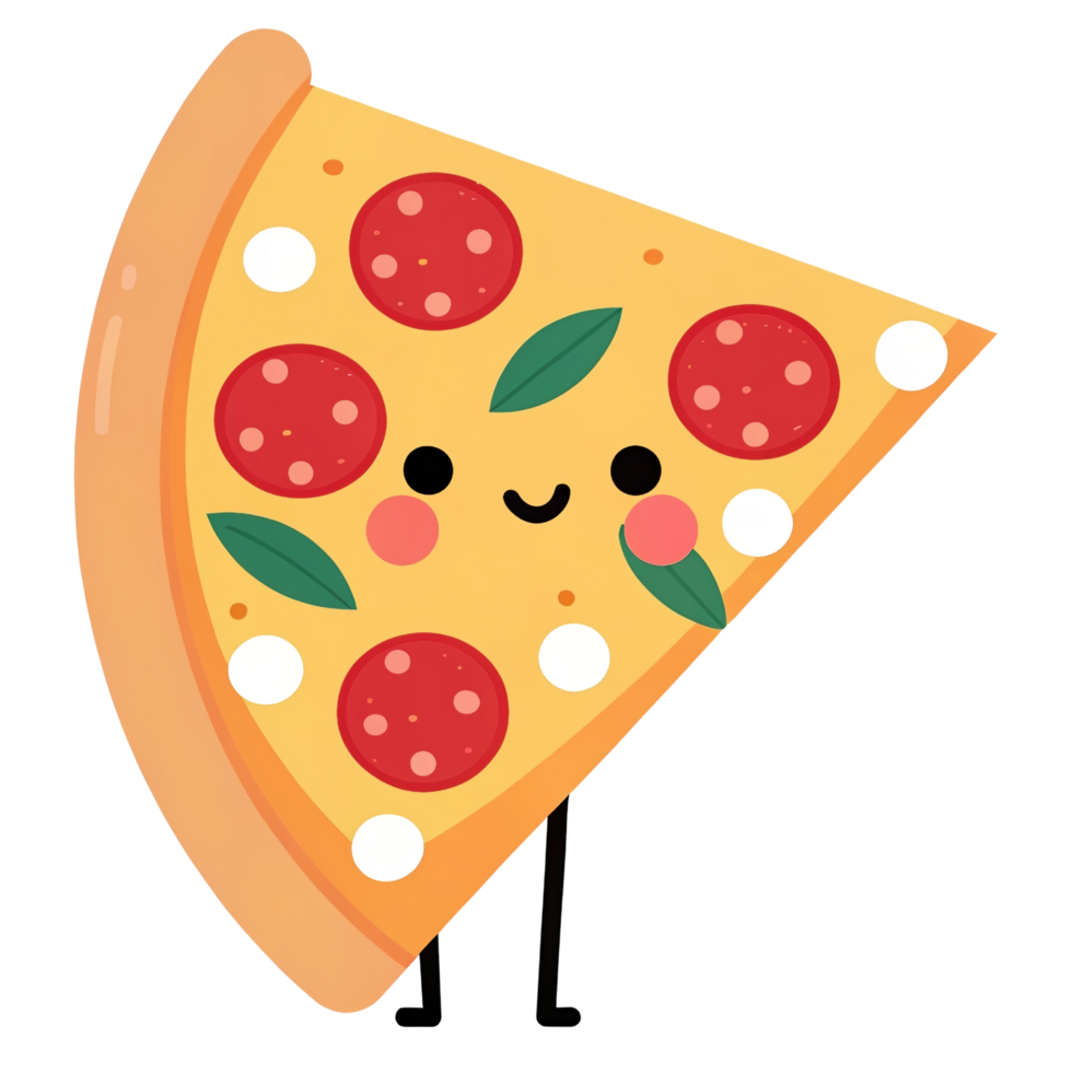 Cute pizza slice with pepperoni and basil, smiling happily png