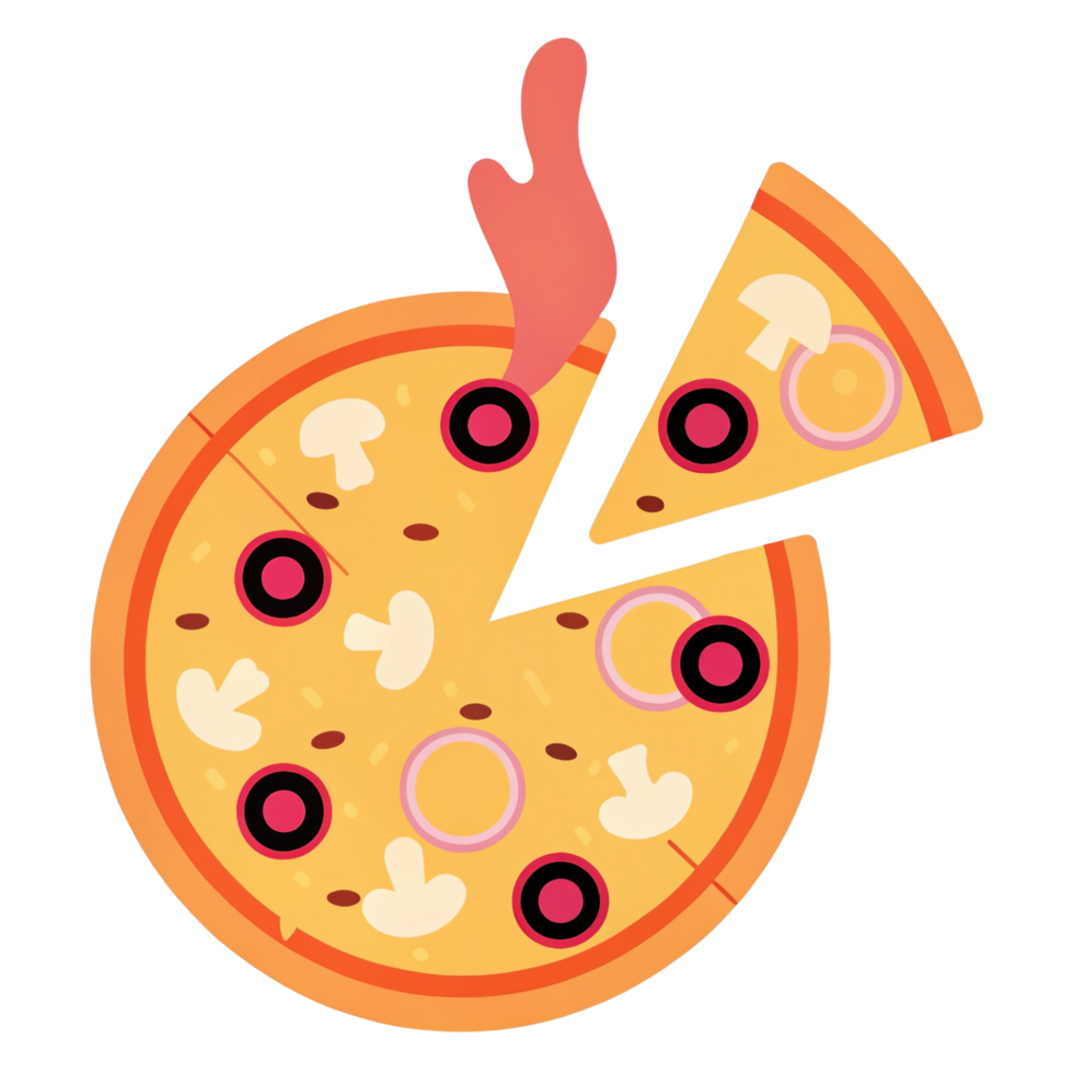 Delicious pizza with mushrooms, olives, and slice removed, ready to enjoy png