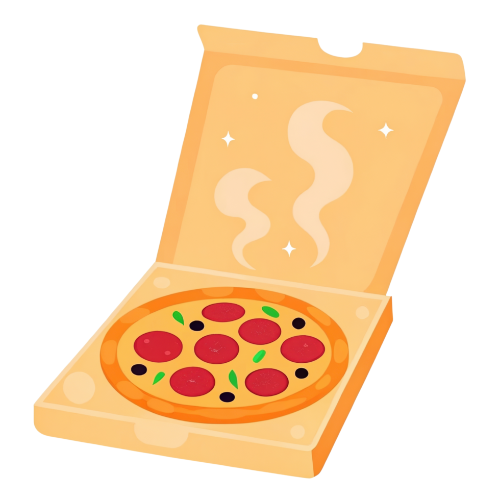Fresh pizza in open box with steam rising, ready to enjoy png