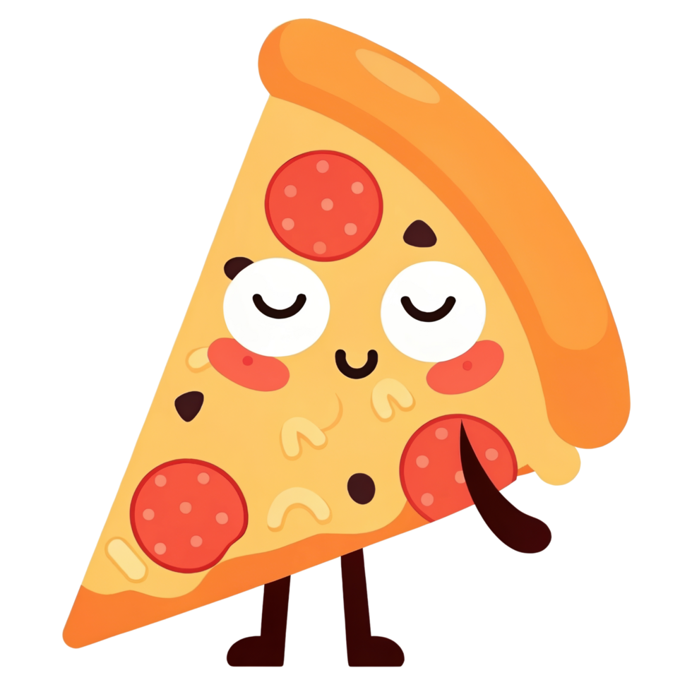 Delightful cartoon pizza slice with pepperoni and cheerful expression png