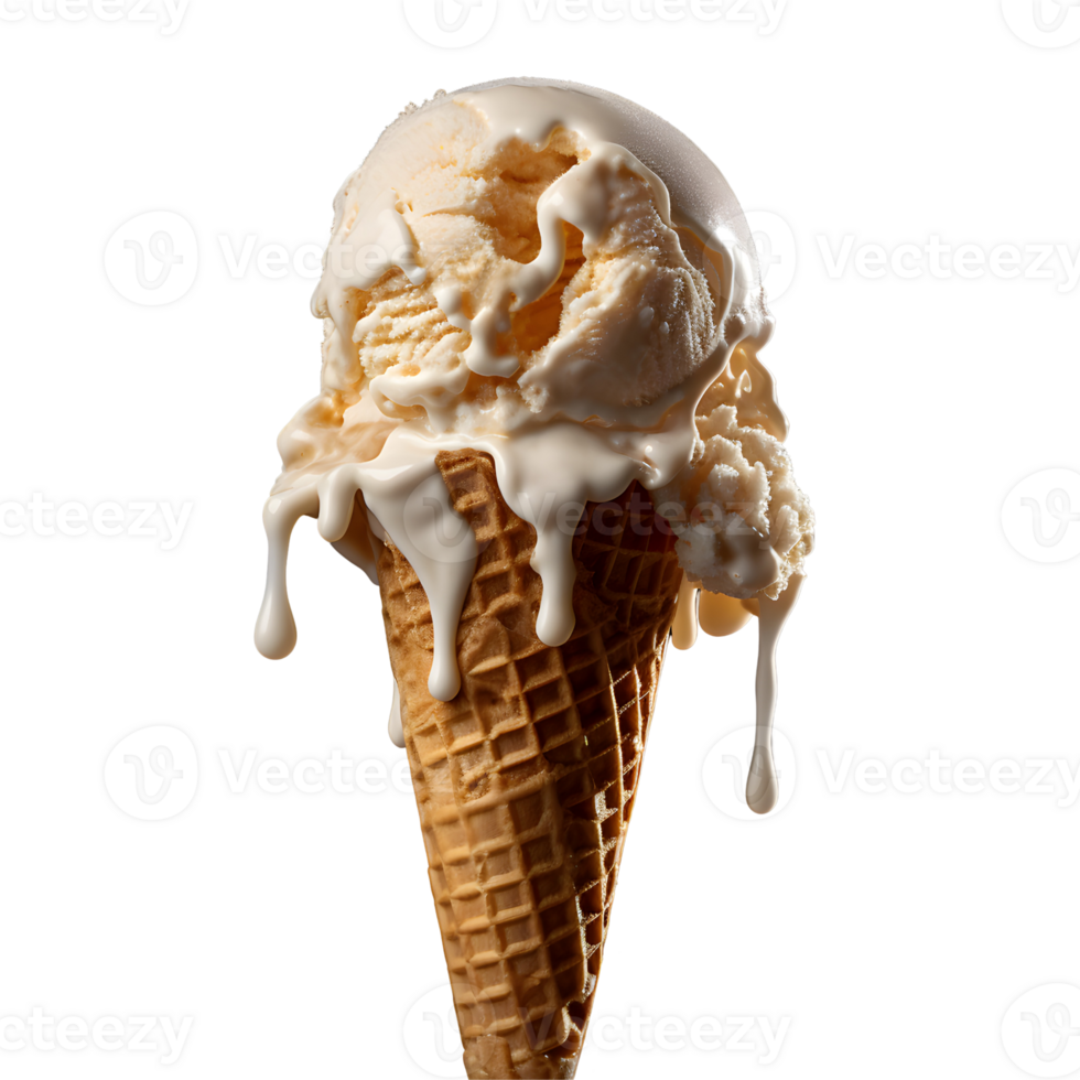 Dripping Ice Cream Cone with Melting Vanilla Scoop Isolated On A Transparent Background png