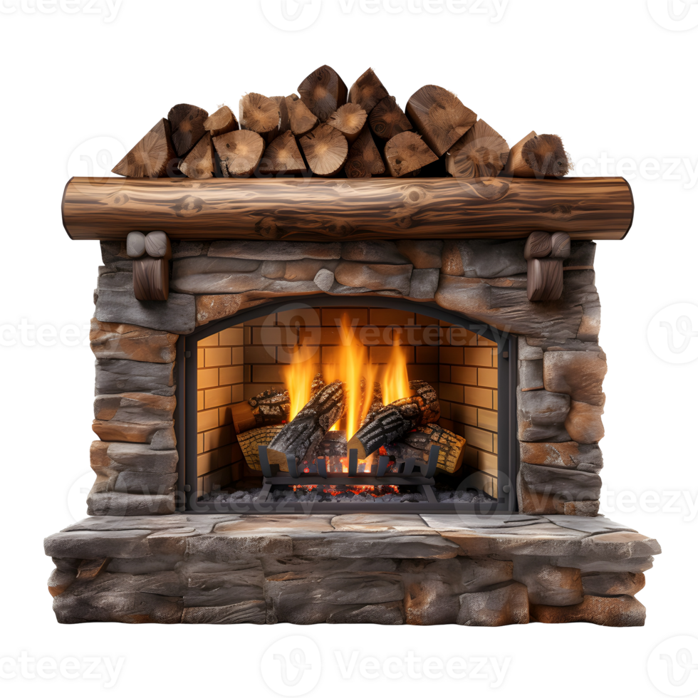 Rustic Stone Fireplace with Burning Fire Isolated On A Transparent Background png