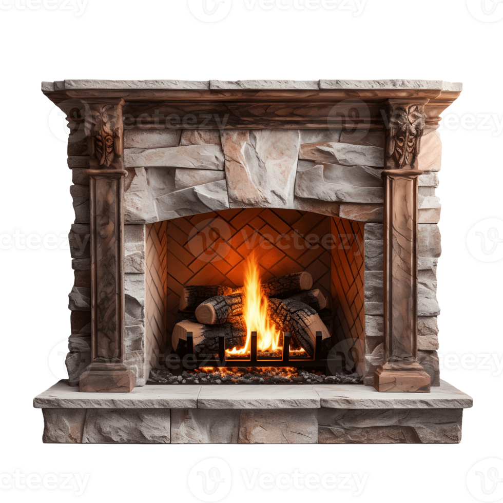 Realistic Stone Fireplace With Fire Burning Isolated On A Transparent Background png