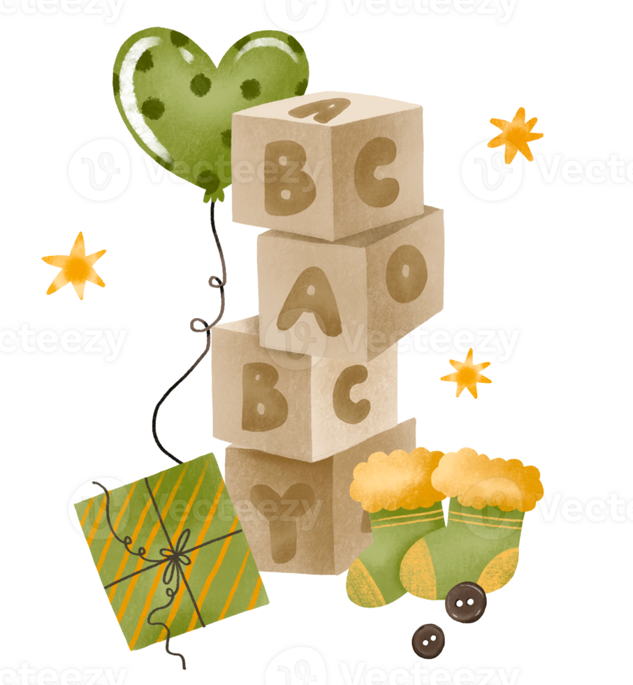 Baby card with abc cubes, pyramid. Newborn baby shower hand drawn watercolor style illustration on isolated background png