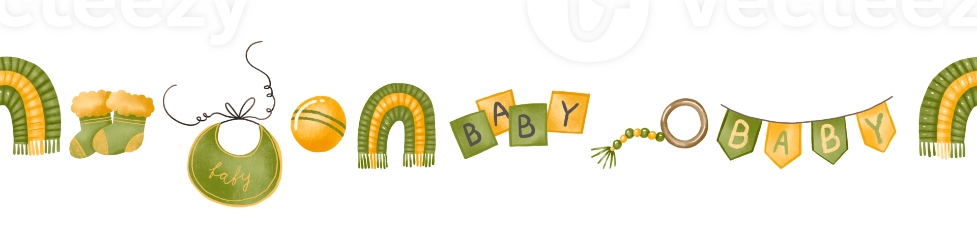 Gender neutral green color baby shower party. Announcement Boy or dirl border pattern.. Baby newborn flags and cubes seamless background png