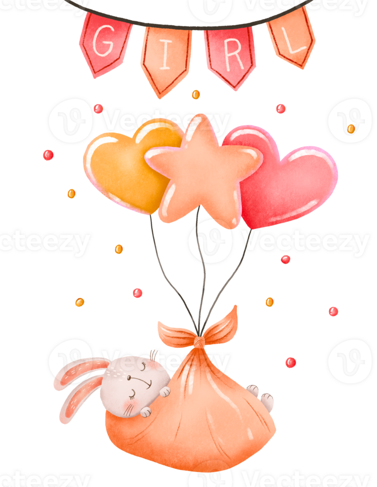 Little bunny fly on helium air balloon. Newborn girl baby shower. Its a girl Illustration. Baby invitation for gender party png