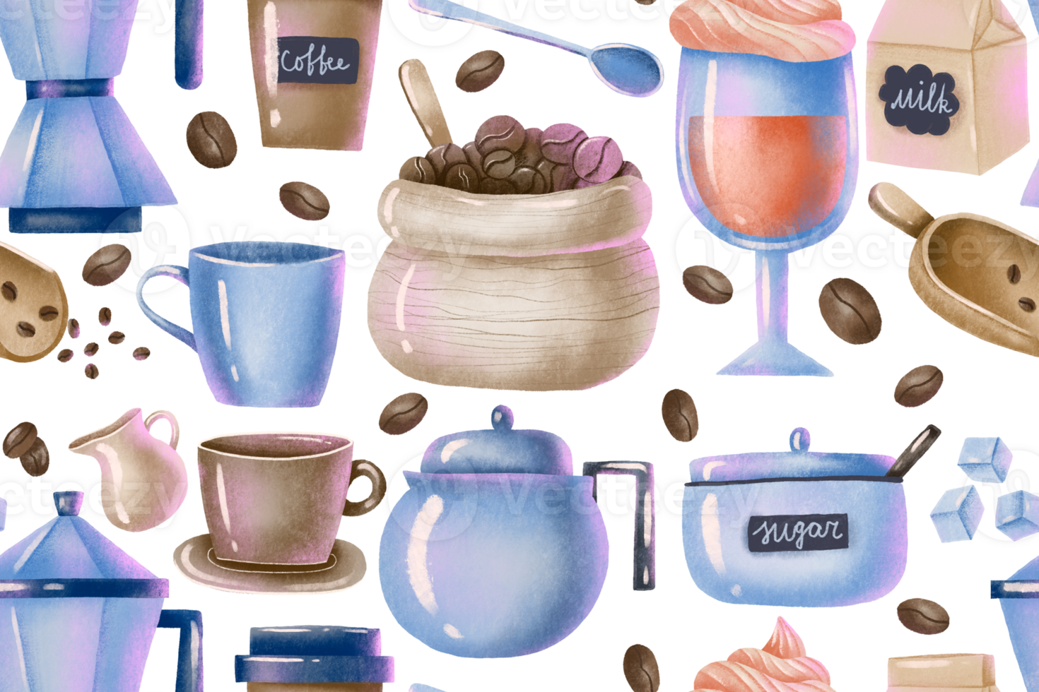 Barista coffee seamless pattern Hand drawn espresso coffee, latte. Equipment for making coffee. Set of isolated coffee elements. Mug, cup, kettle, milk. Endless background png