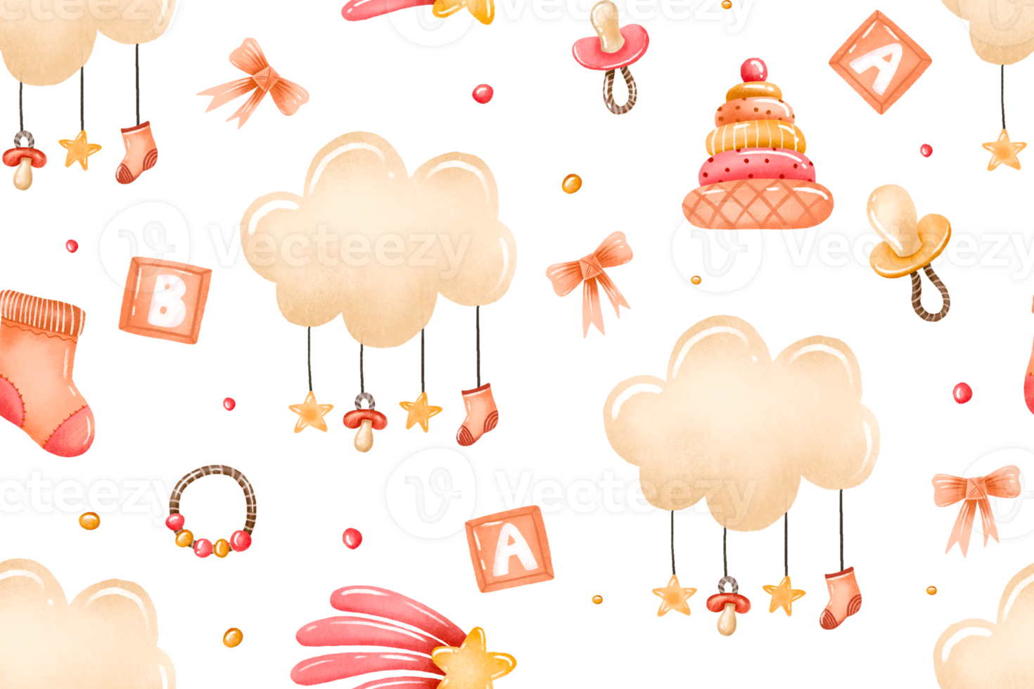 Adorable seamless pattern with pink clouds, hanging baby socks and pacifiers on strings. Surrounded by pyramids, cubes, and baby clothes in soft pastel shades Perfect for textiles wallpaper packaging. png
