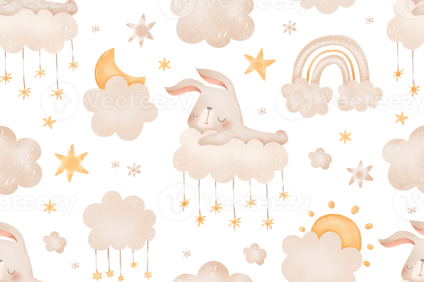 Cute little bunny sleep on the cloud seamless pattern . Hand drawn watercolor illustration isolated background. Night endless background, clouds, stars, moon, sun hand drawn illustration png