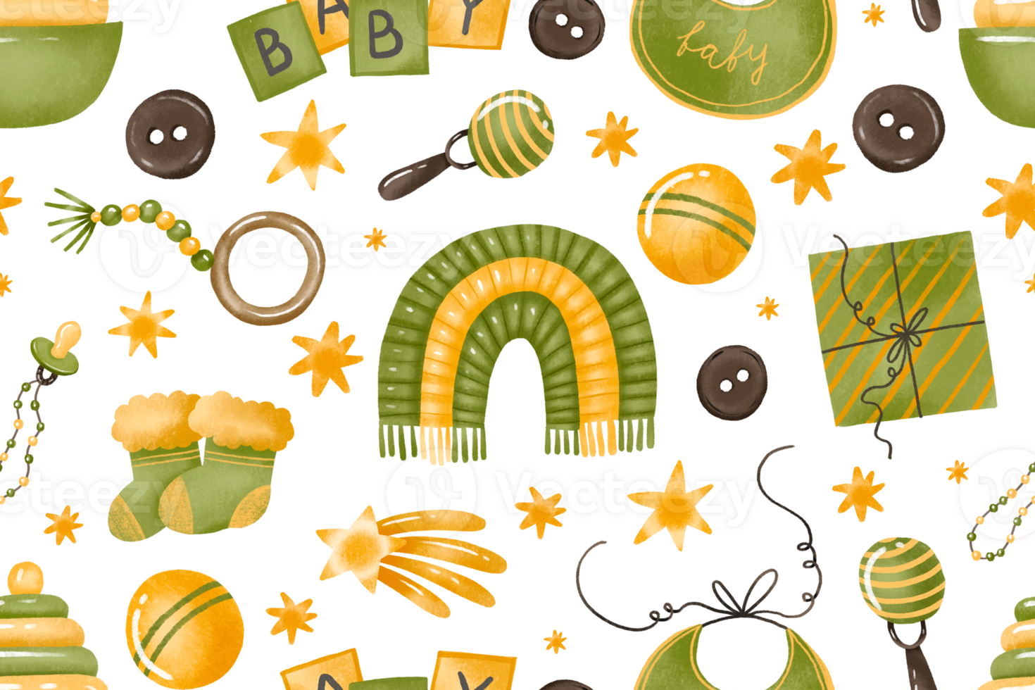Seamless pattern things for newborns. Clothing, pyramid, balloon, toy, rainbow pacifier, star, flag, bathing, furniture. Print textile background. In cartoon hand drawn watercolor style png