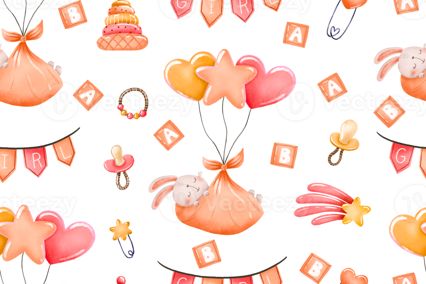 Its a girl things. Baby girl baby shower clipart. Rabbit Girl with balloon seamless pattern. hand drawn background. Newborn design for shirt design, fashion print design fashion graphic kids clothes. png