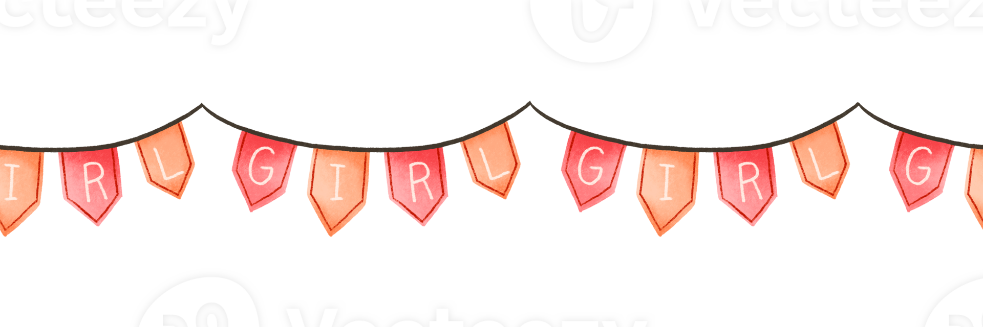 Pink Flags on string with girl inscription. Baby shower border pattern. Announcement its a girl background png