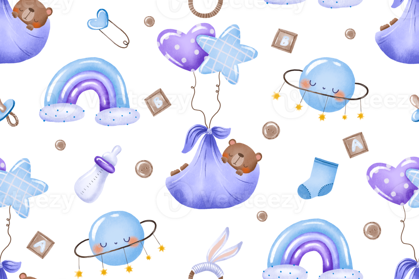 Little bear fly on helium air balloon seamless pattern. Newborn baby boy things background for nursery. Hand drawn clip art . Watercolor drawing of children items. Cubes, sock, pacifier and bottle png