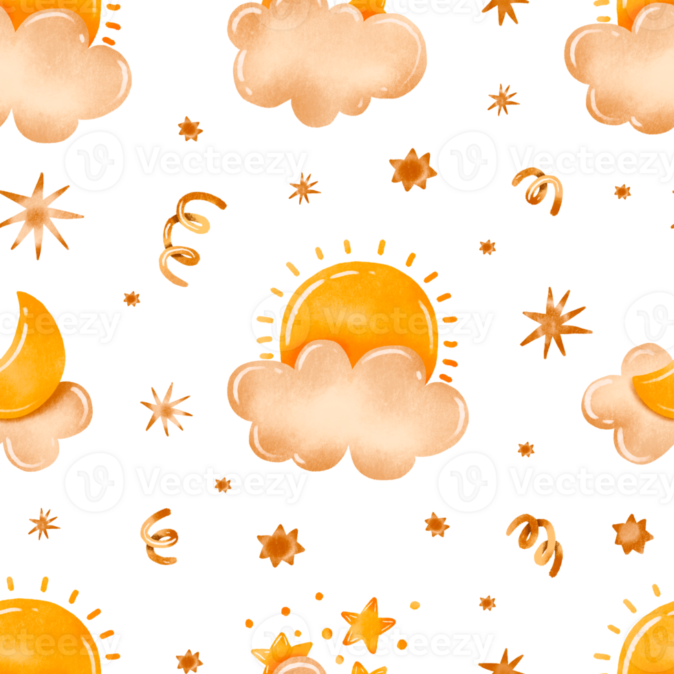 Sky seamless pattern with clouds sun moon stars. Hand drawn infant newborn baby birth background for nursery bedroom textile print clothes wall art png