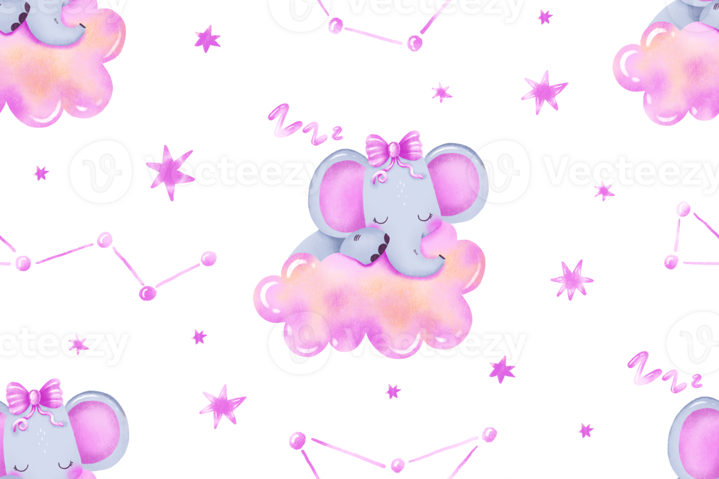 Newborn elephant sleep on cloud. Fairytale seamless pattern for baby girl. Pink background for kids png