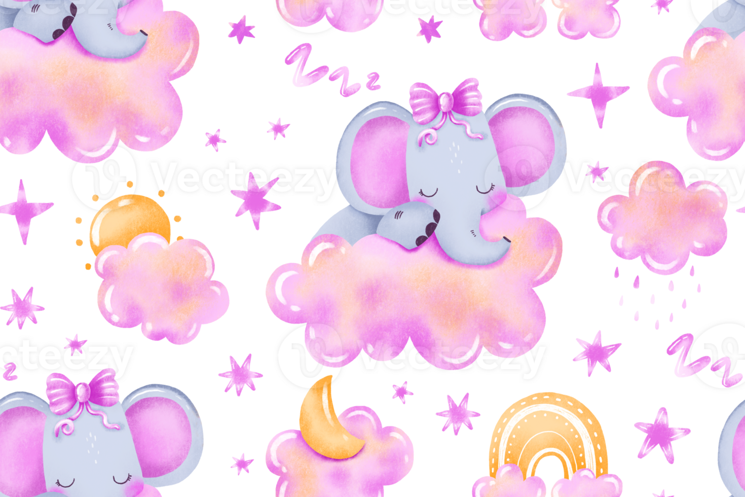 Sleeping elephant dreaming on pink cloud seamless pattern. Sky elements moon sun rainy cloud. Girly pink background for baby room nursery bedtime kindergarden. New birn girl png