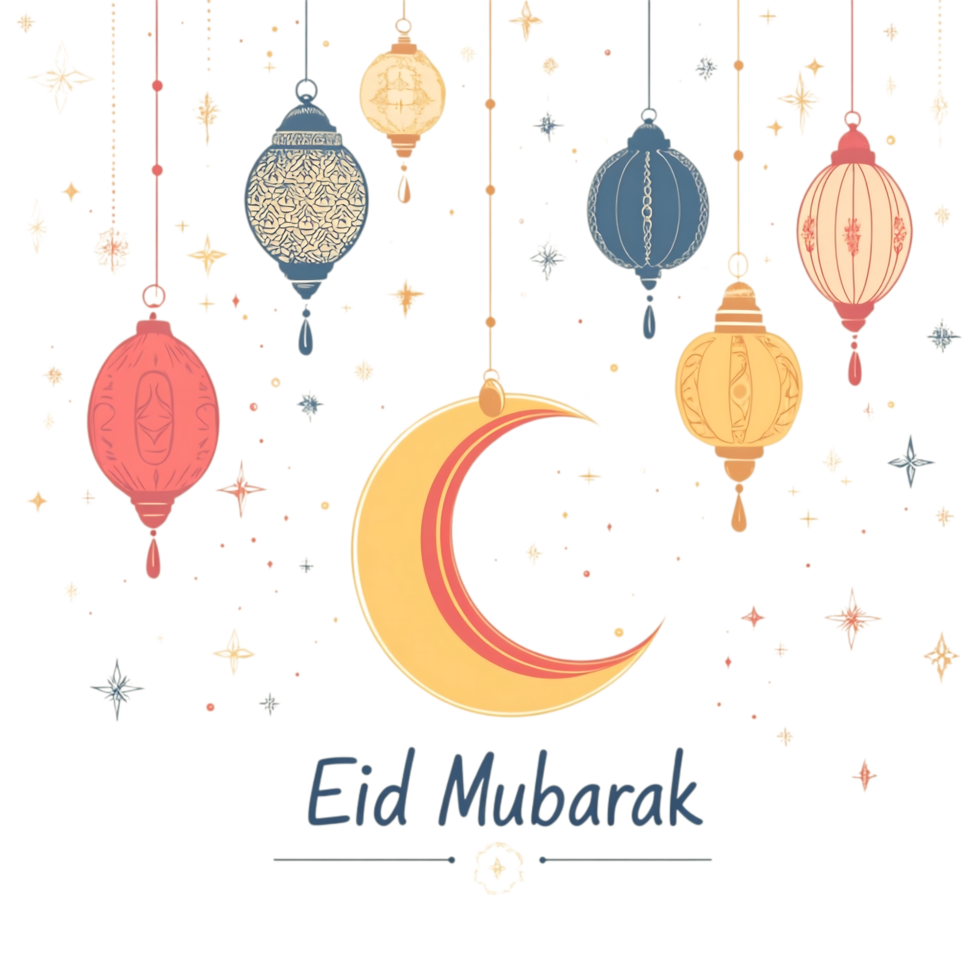 A crescent moon and colorful lanterns illuminate a joyful Eid Mubarak celebration, a whimsical design with pastel tones and delicate details. png