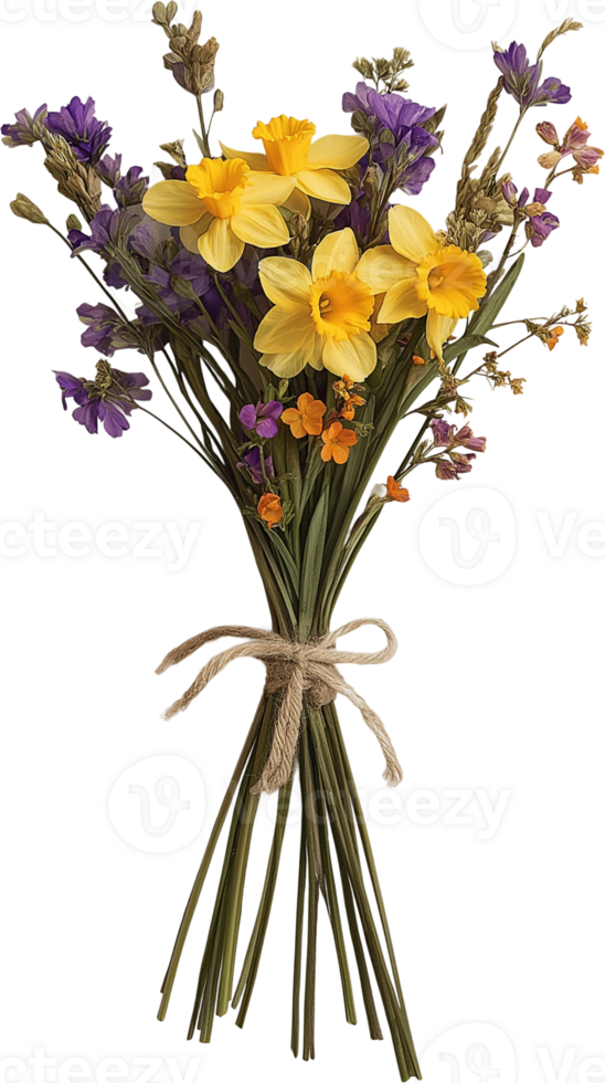 A bouquet of yellow and purple flowers tied with twine png